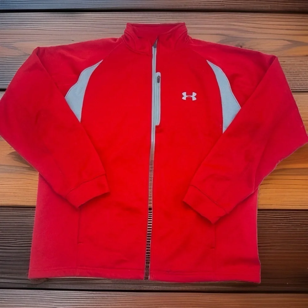 Under‎ Armour UA Full Zip Jacket Men’s L Red Loose Fit with Fleece **STAINS